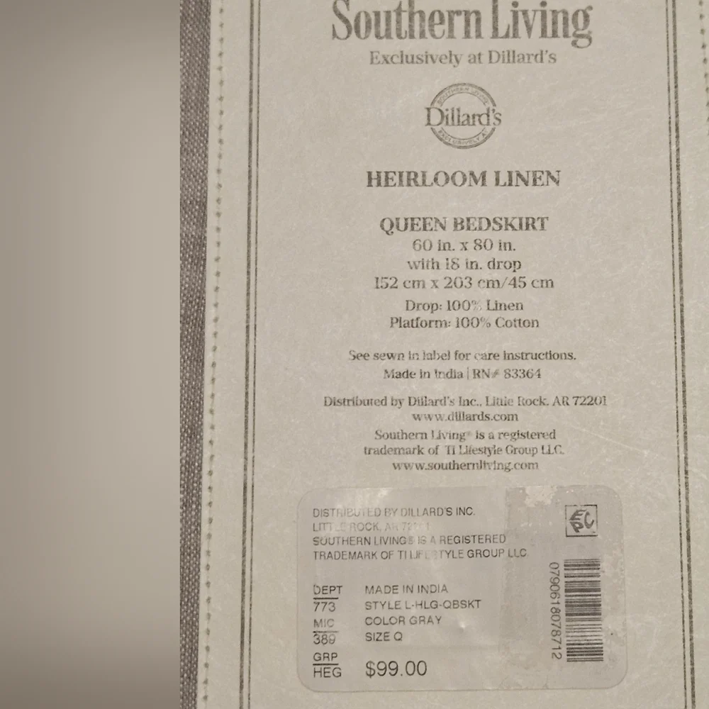 NEW Southern Living Heirloom Linen Queen Bedskirt- Gray- 18" Drop - Picture 3 of 5